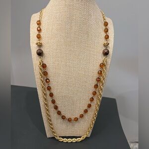 Gold Toned Two Stranded Chain With Brown Acrylic Beads